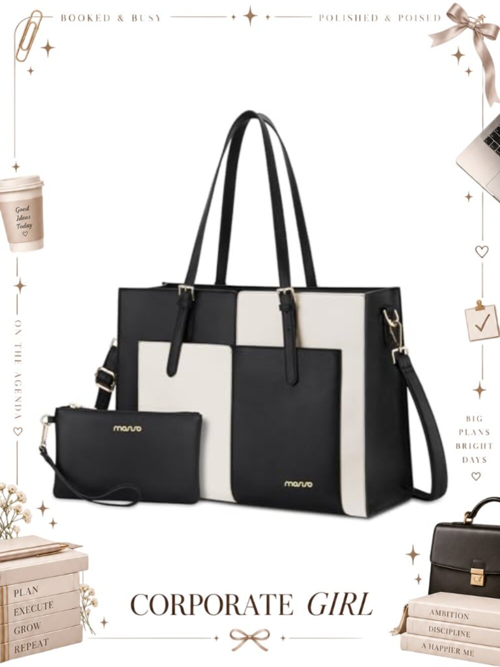 PU Leather Laptop Tote Bag for Women 15.6 Inch Messenger Shoulder Bag